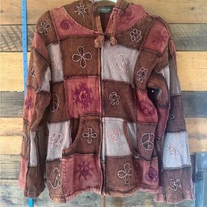 Kathmandu Imports Patchwork Boho Hoodie – Brown & Rose Tones – Size Large